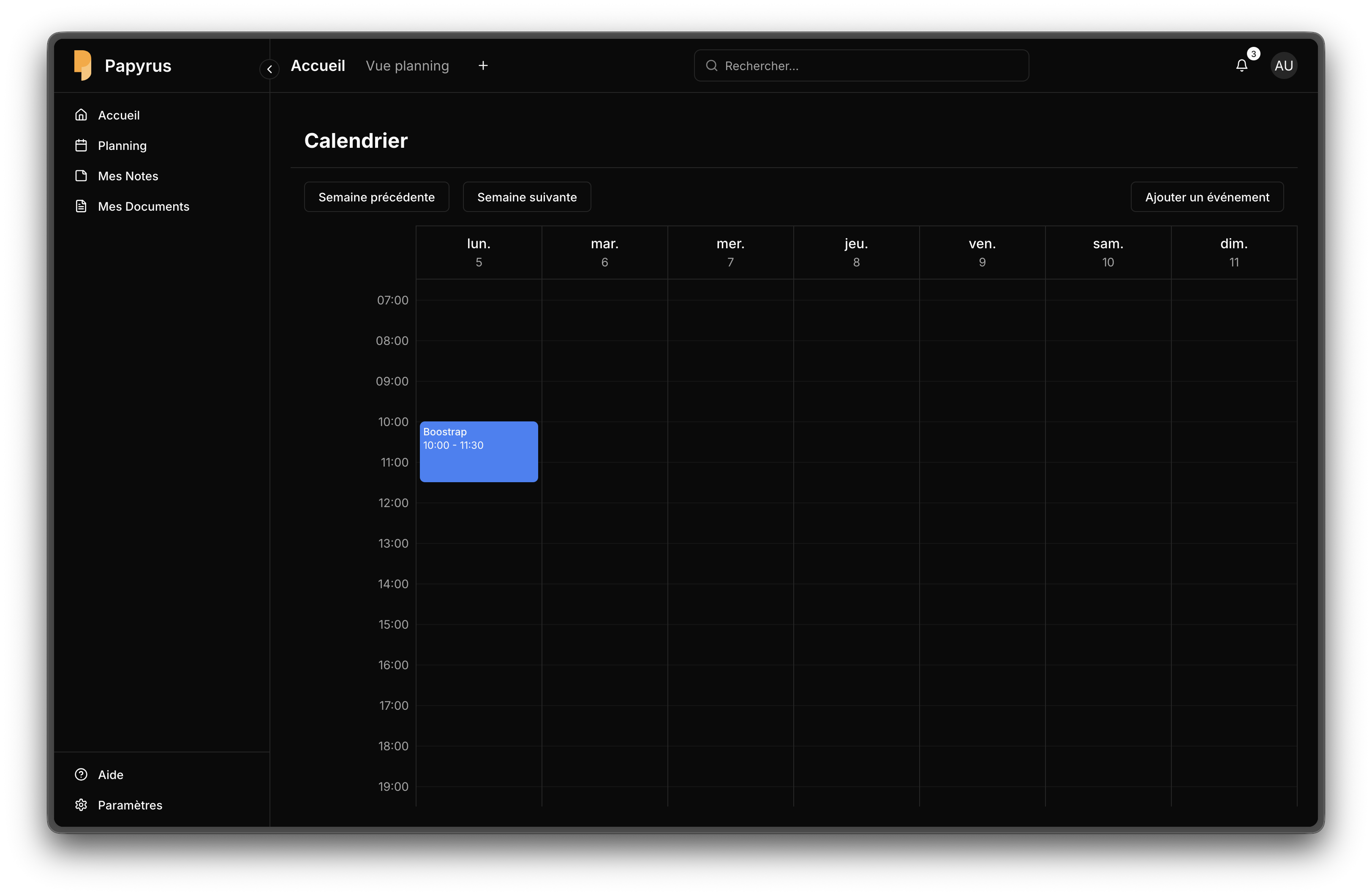 Interface du calendrier
